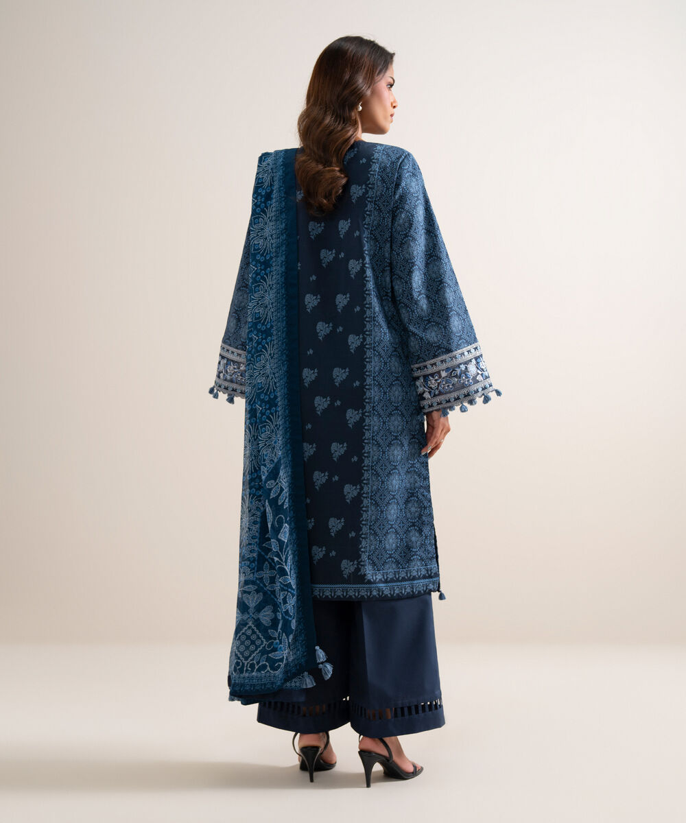 Women's Unstitched Lawn Embroidered Blue 3 Piece Suit