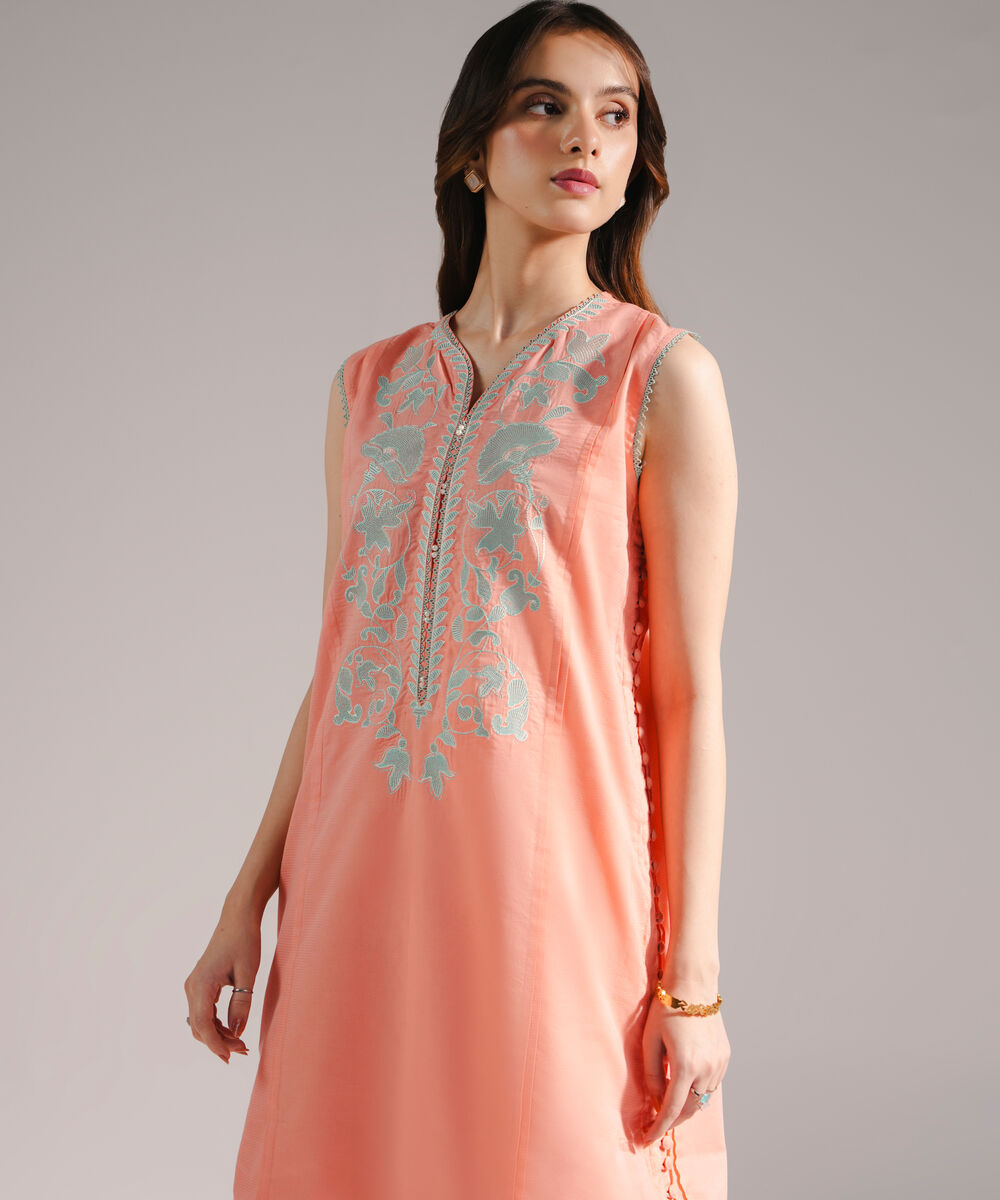 Women's RTW Zari Lawn Embroidered Straight Peach Shirt