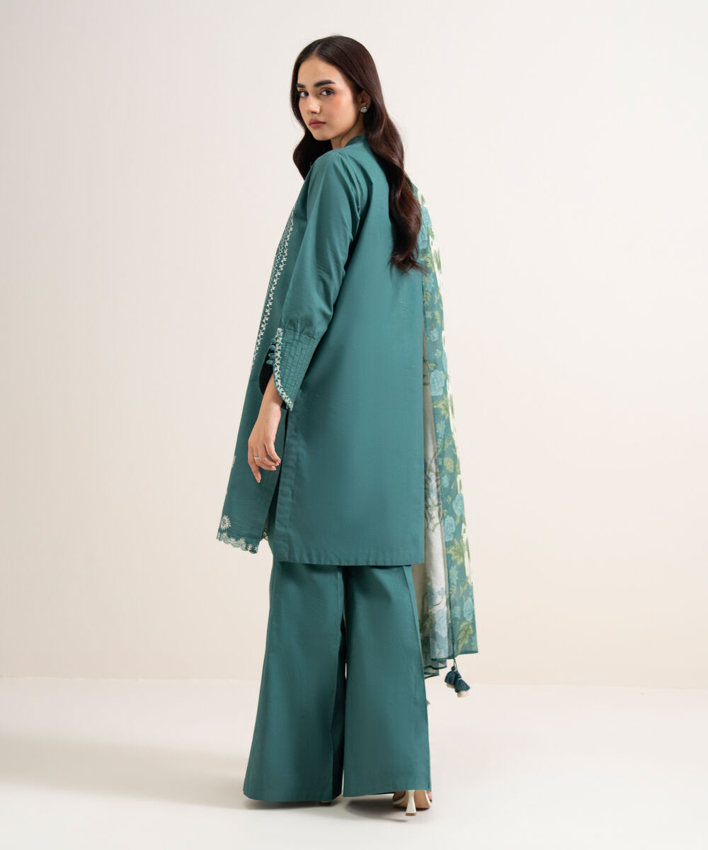 Women's Unstitched Lawn Embroidered Teal 3 Piece Suit