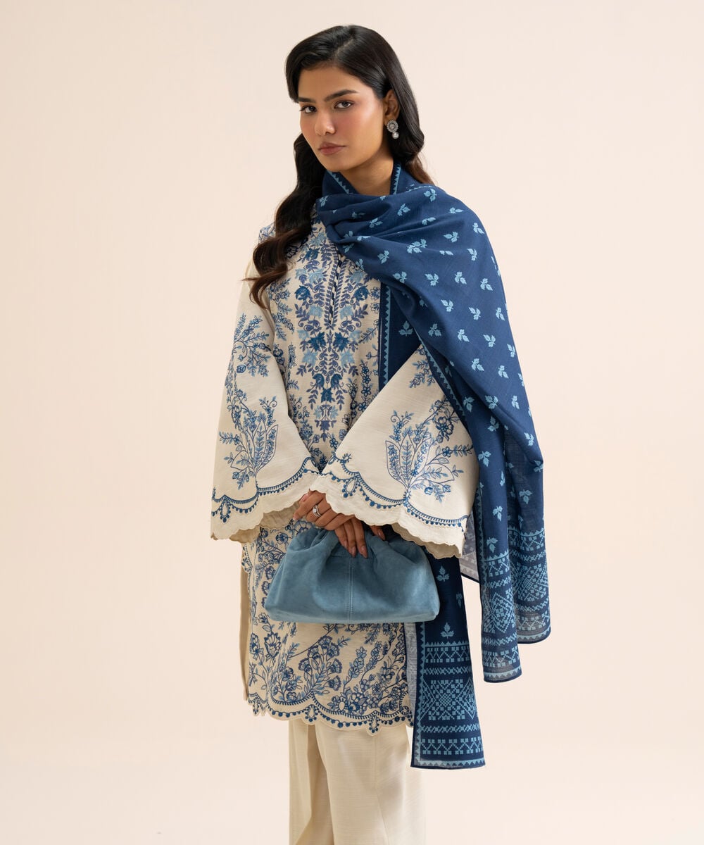 Women's Unstitched Light Khaddar Embroidered Dark Blue 3 Piece Suit