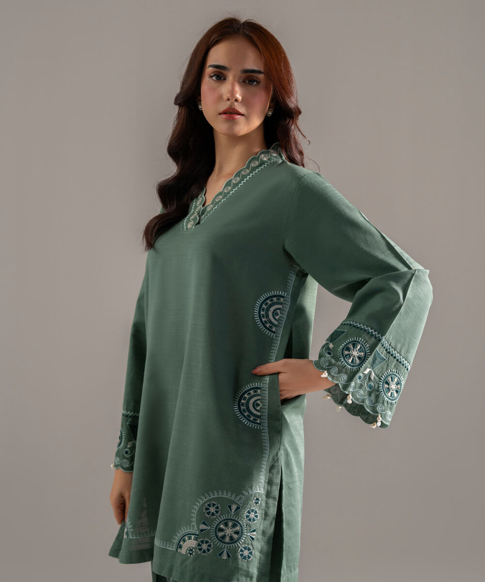 Women's RTW Khaddar Solid Embroidered Sage Green Straight Shirt