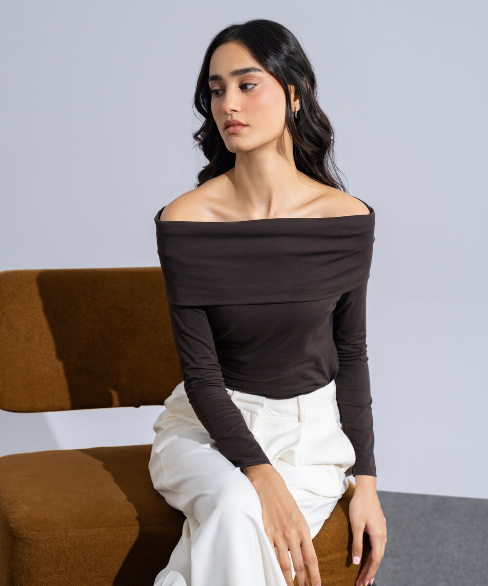 Women's Western Wear Brown Cotton Off-Shoulder Top