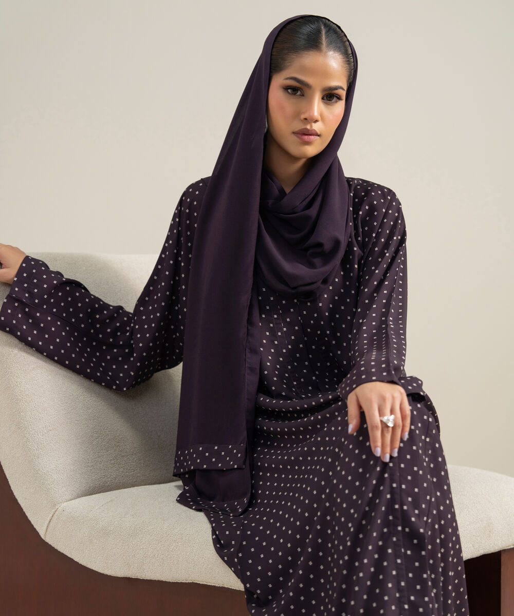 Women's Polyester Purple Kimono Printed Abbaya Set
