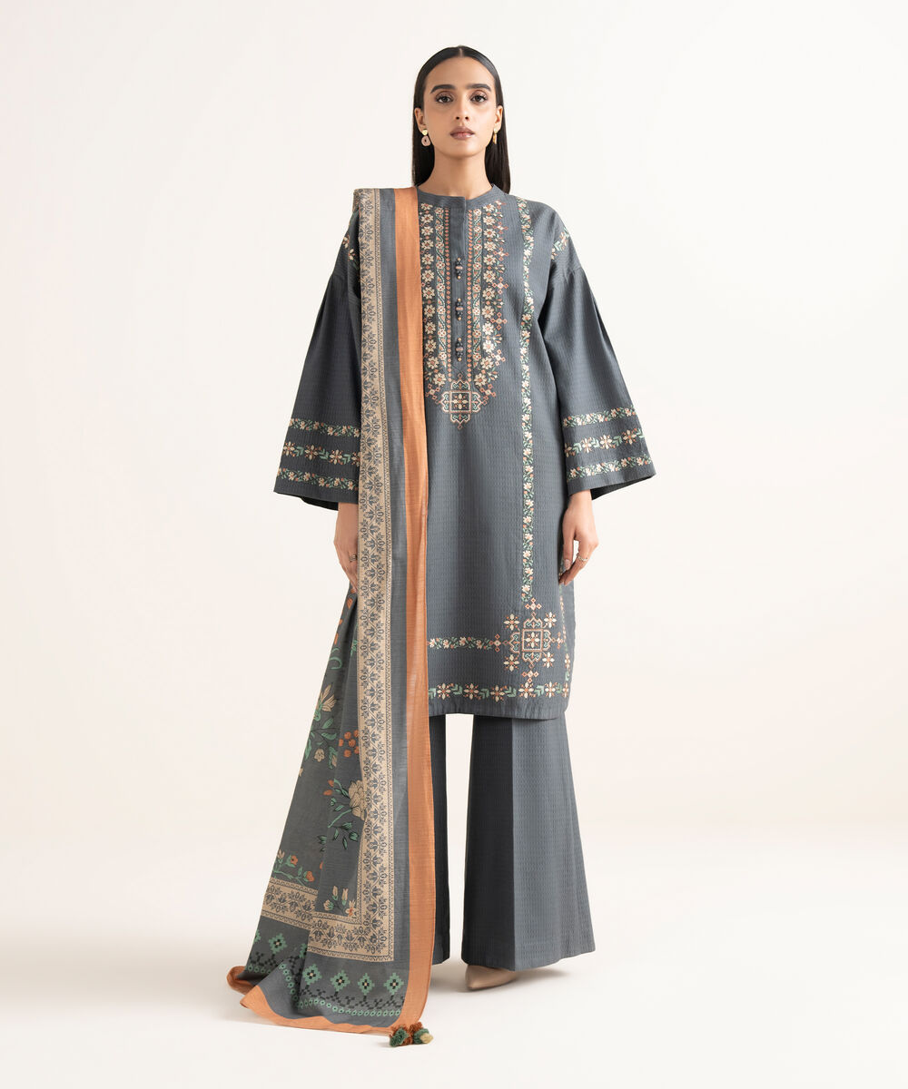 Women's Unstitched Dobby Embroidered Grey 3 Piece Suit