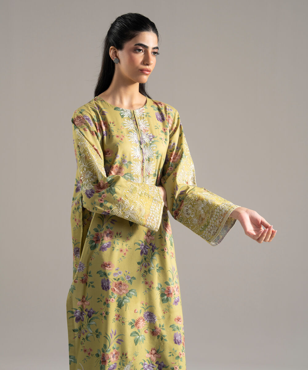 Women's RTW Cotton Viscose Printed Embroidered Yellow 2 Piece Suit