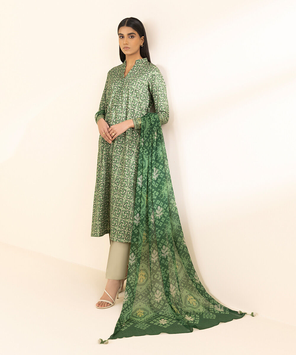 Unstitched Women's Printed Lawn Green Two Piece Suit