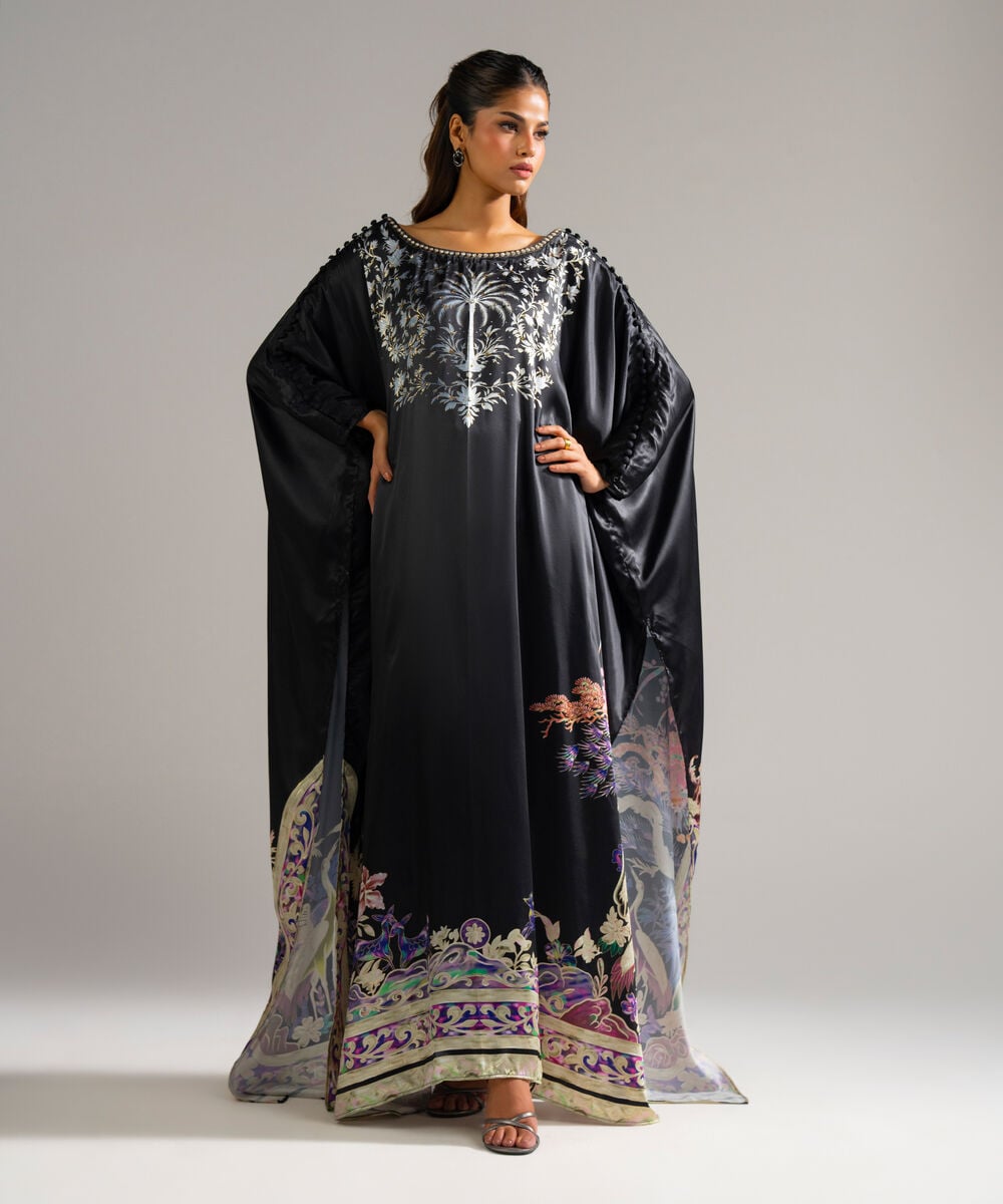 Women's RTW Blended Satin Printed Black Kaftan