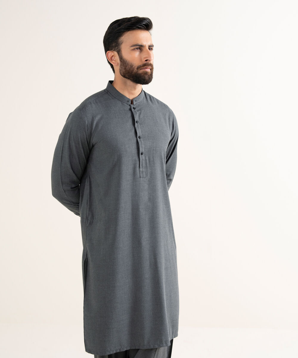 Men's Textured Wash & Wear Plain Charcoal Kurta Shalwar