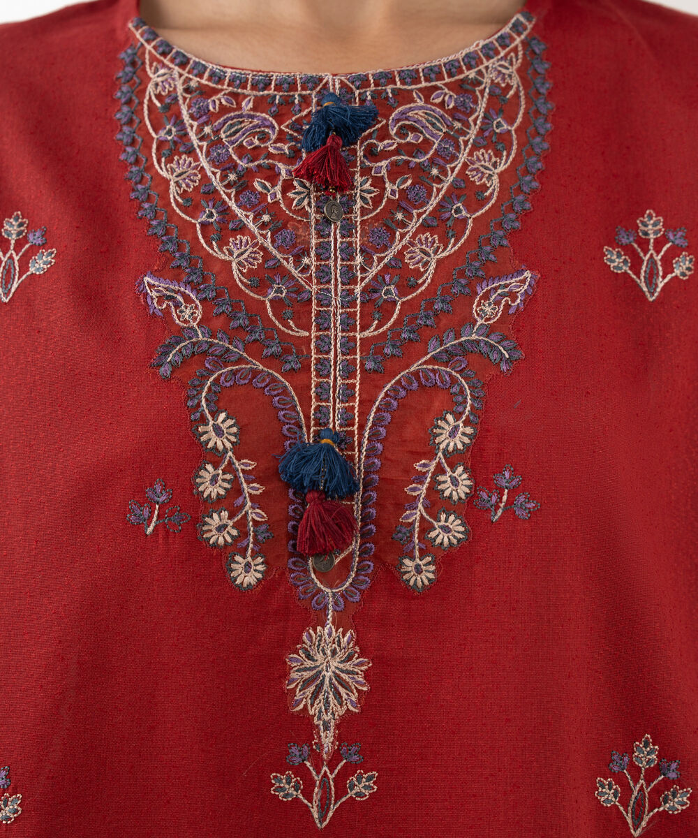 Women's RTW Cotton Karandi Embroidered Red 3 Piece Suit