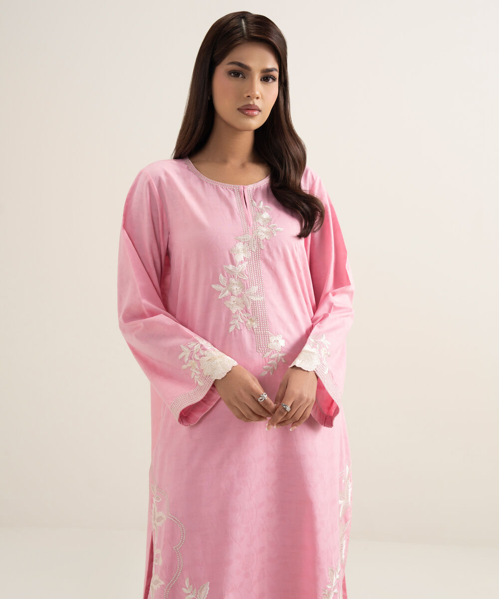 Women's RTW Self Jacquard Embroidered Pink A-Line Shirt