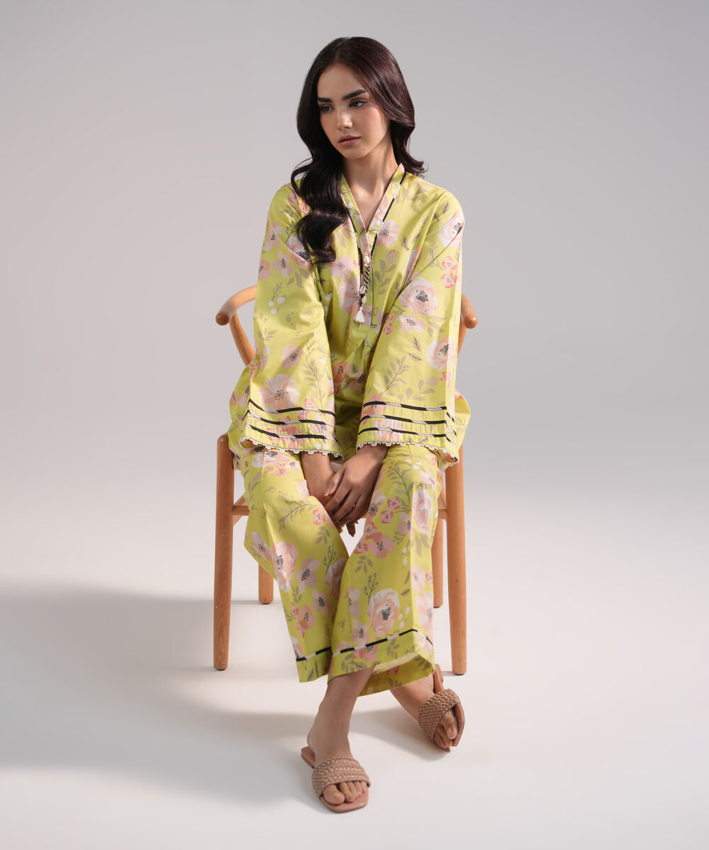 Women's RTW Cambric Printed Lime Green 2 Piece Suit