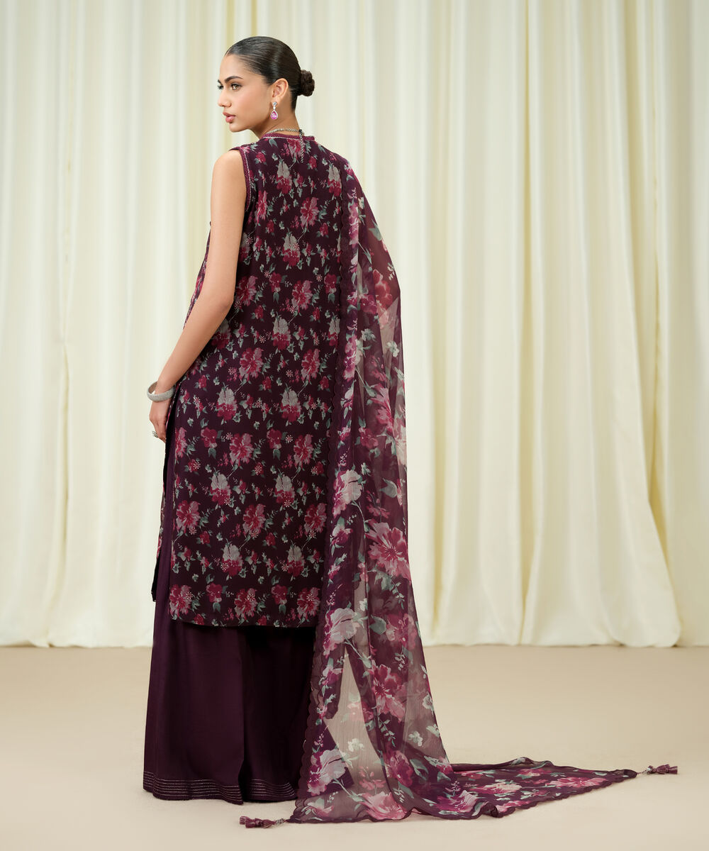 Women's Unstitched Blended Chiffon Embroidered Purple 3 Piece Suit