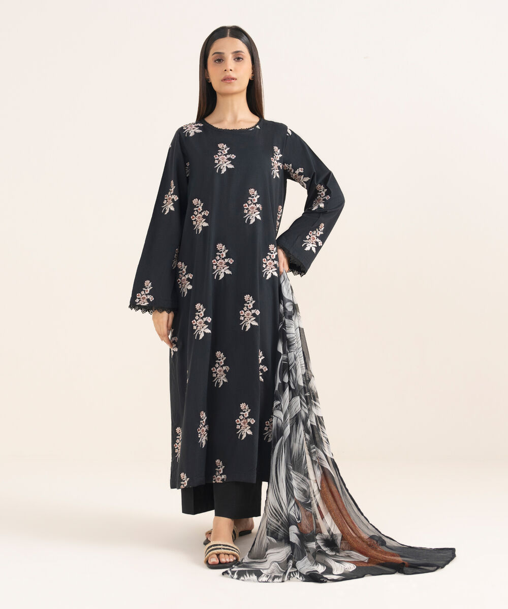 Women's RTW Lawn Viscose Black Embroidered A-Line Shirt