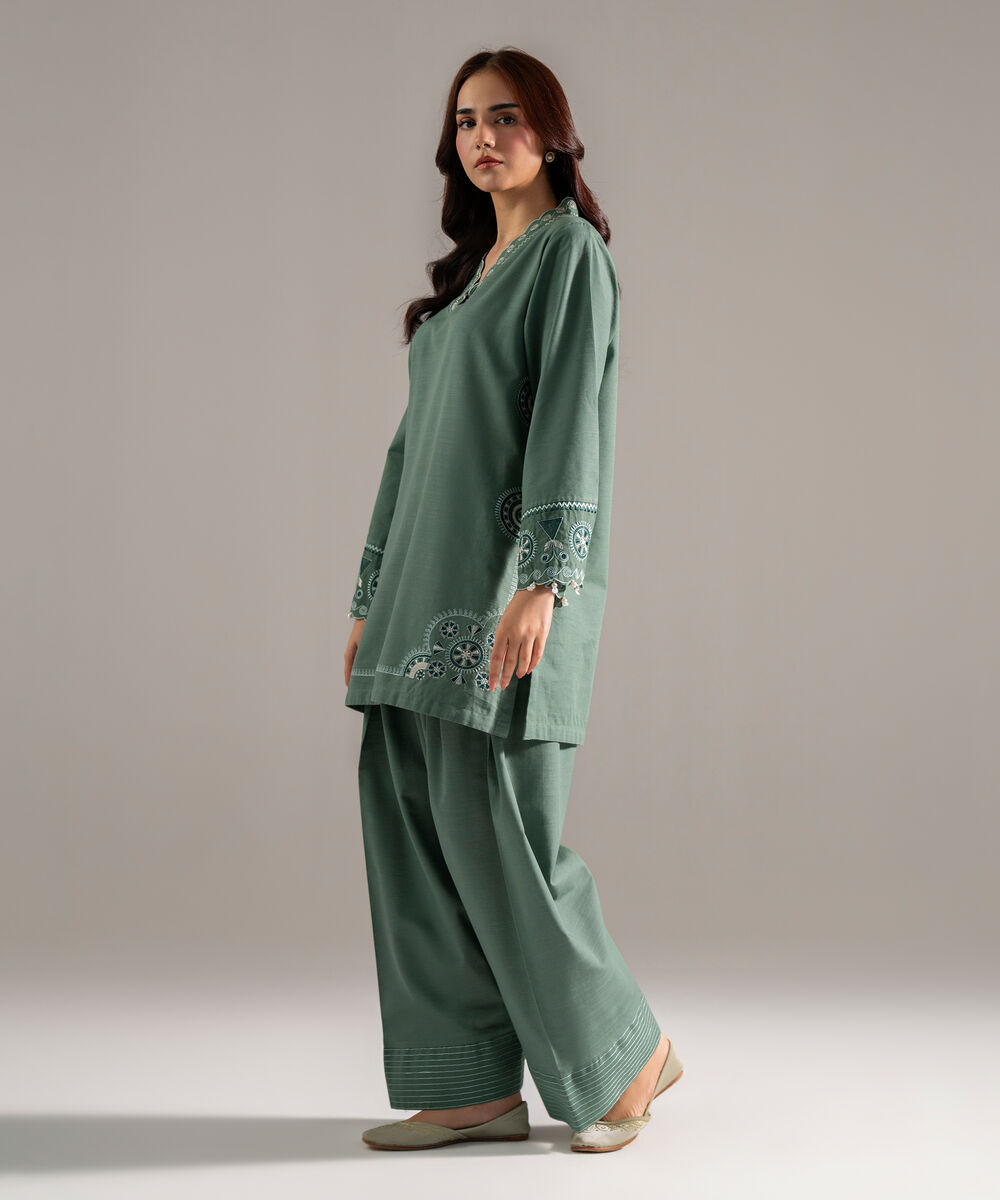 Women's RTW Khaddar Solid Embroidered Sage Green Straight Shirt