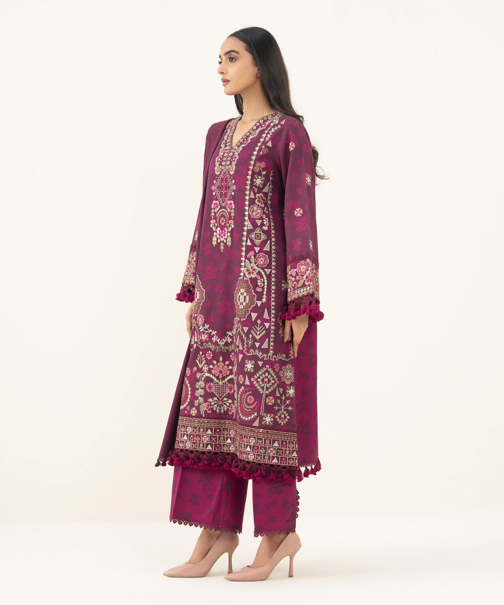 Women's Unstitched Embroidered Twill Plum 3 Piece Suit