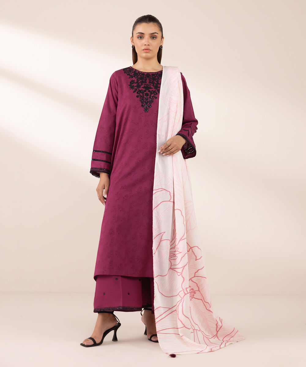 Women's RTW Cotton Jacquard Pink Embroidered A-Line Shirt