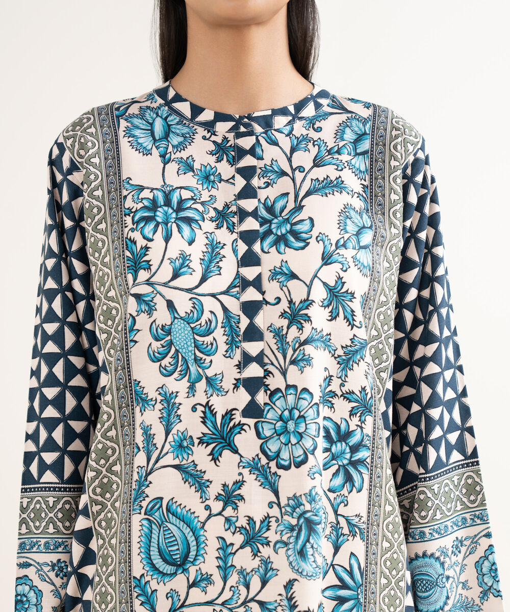 Women's RTW Textured Viscose Printed Drop Shoulder Blue Shirt