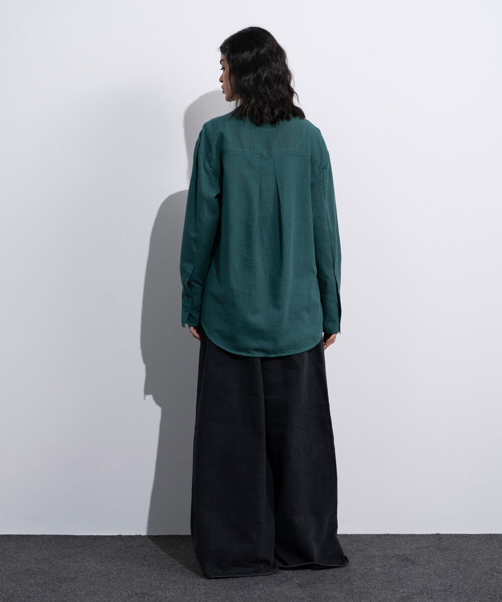 Women's Green Textured Shirt With Yoke Detail