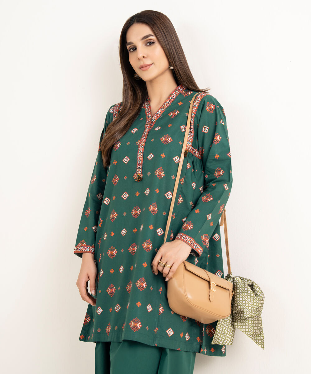 Women's RTW Cambric Green Printed A-Line Shirt