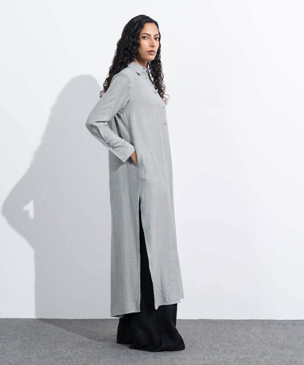 Women's Western Wear Grey Textured Button Down Dress