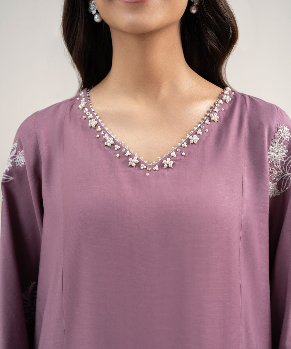 Women's RTW Viscose Raw Silk Embroidered Mauve 3 Piece Suit