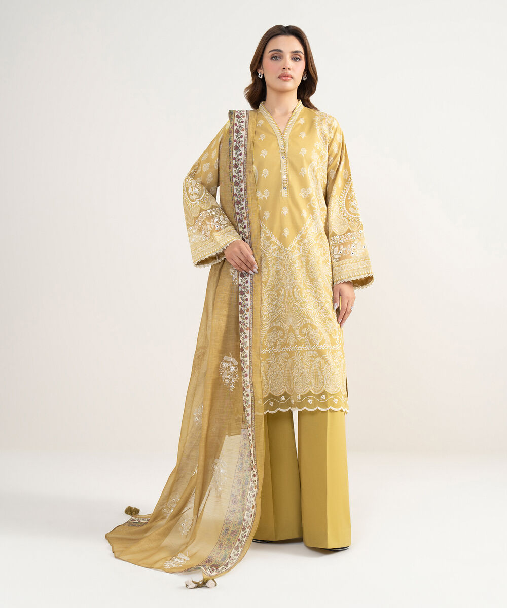 Women's Unstitched Lawn Embroidered Yellow 3 Piece Suit
