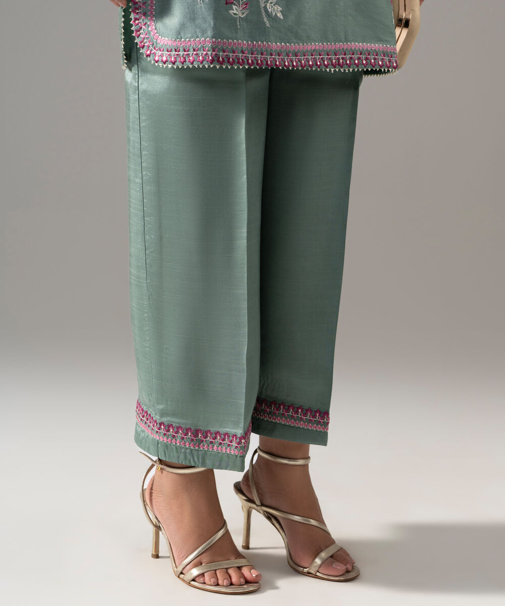 Women's RTW Cotton Net Solid Embroidered Green 2 Piece Suit