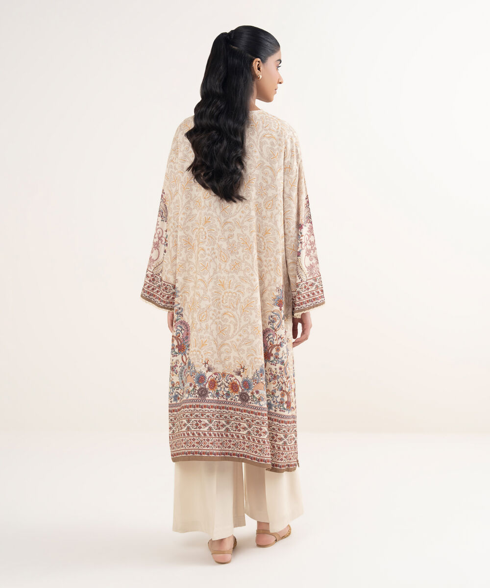 Women's RTW Viscose Linen Printed Beige Drop Shoulder Shirt