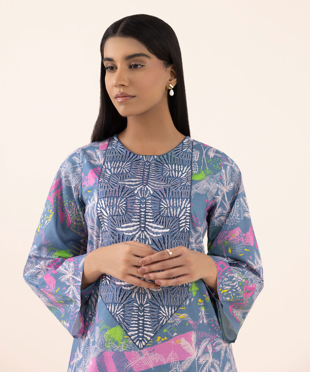 Women's RTW Texured Lawn Blue Printed Aline Shirt