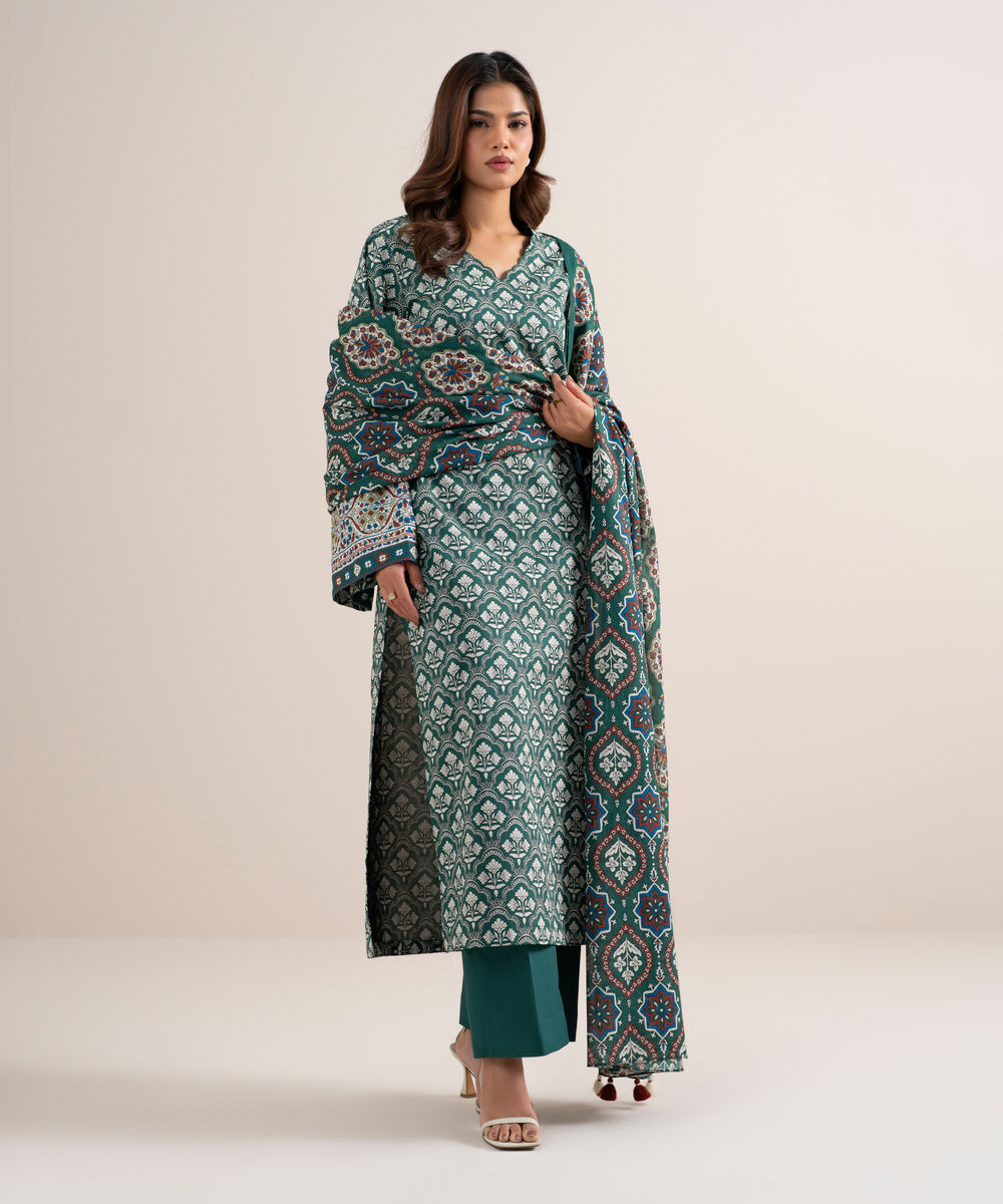 Women's Unstitched Lawn Printed Green 3 Piece Suit