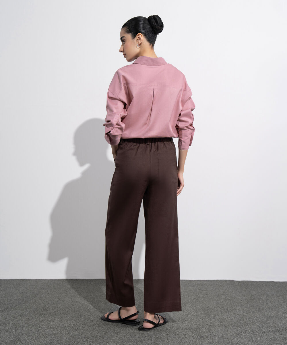 Women's Western Wear Maroon Straight Fit Linen Blend Trousers