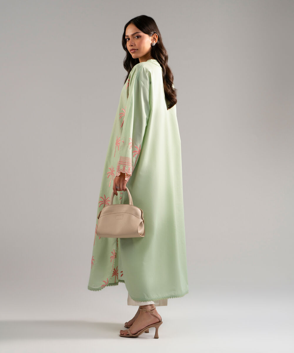 Women's RTW Zari Lawn Embroidered Green Drop Shoulder Shirt