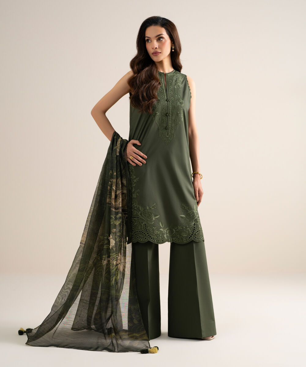 Women's Unstitched Slub Lawn Embroidered Green 3 Piece Suit