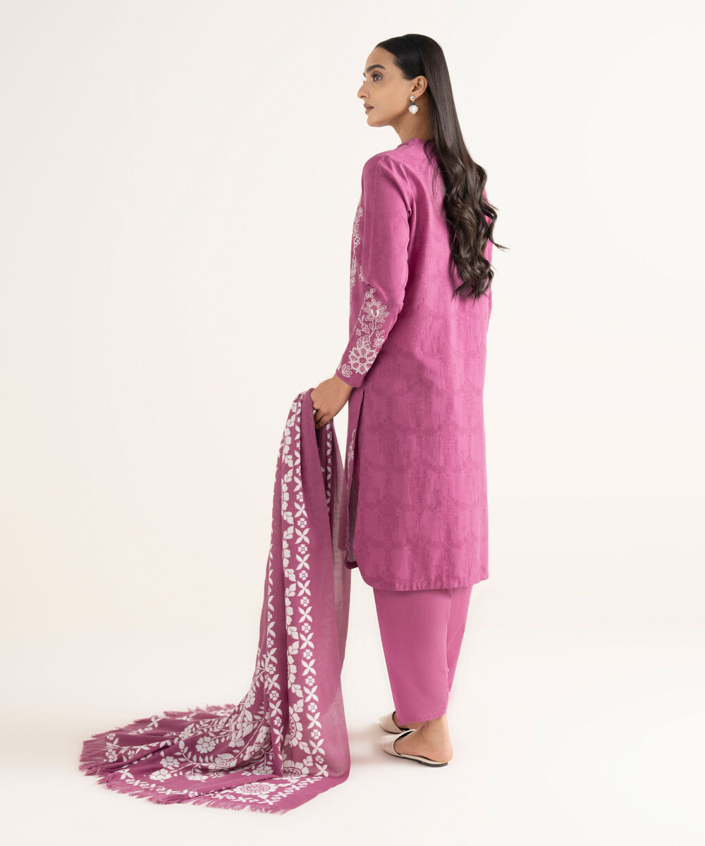 Women's Unstitched Cotton Jacquard Embroidered Magenta  3 Piece Suit