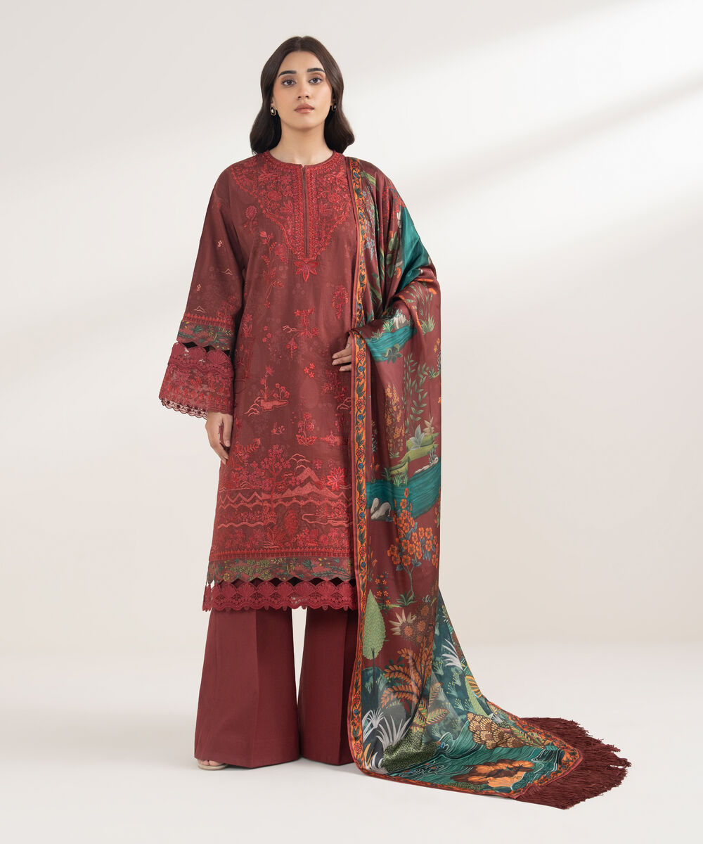 Women's Unstitched Cotton Embroidered Red 3 Piece Suit