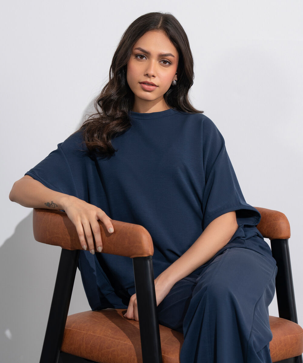 Women's Western Navy Blue Soft Lux  Loose-Fit Kimono T-Shirt