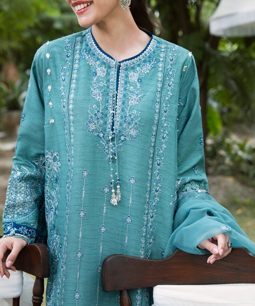 Women's Unstitched Embroidered Viscose Raw Silk Aqua 3 Piece Suit
