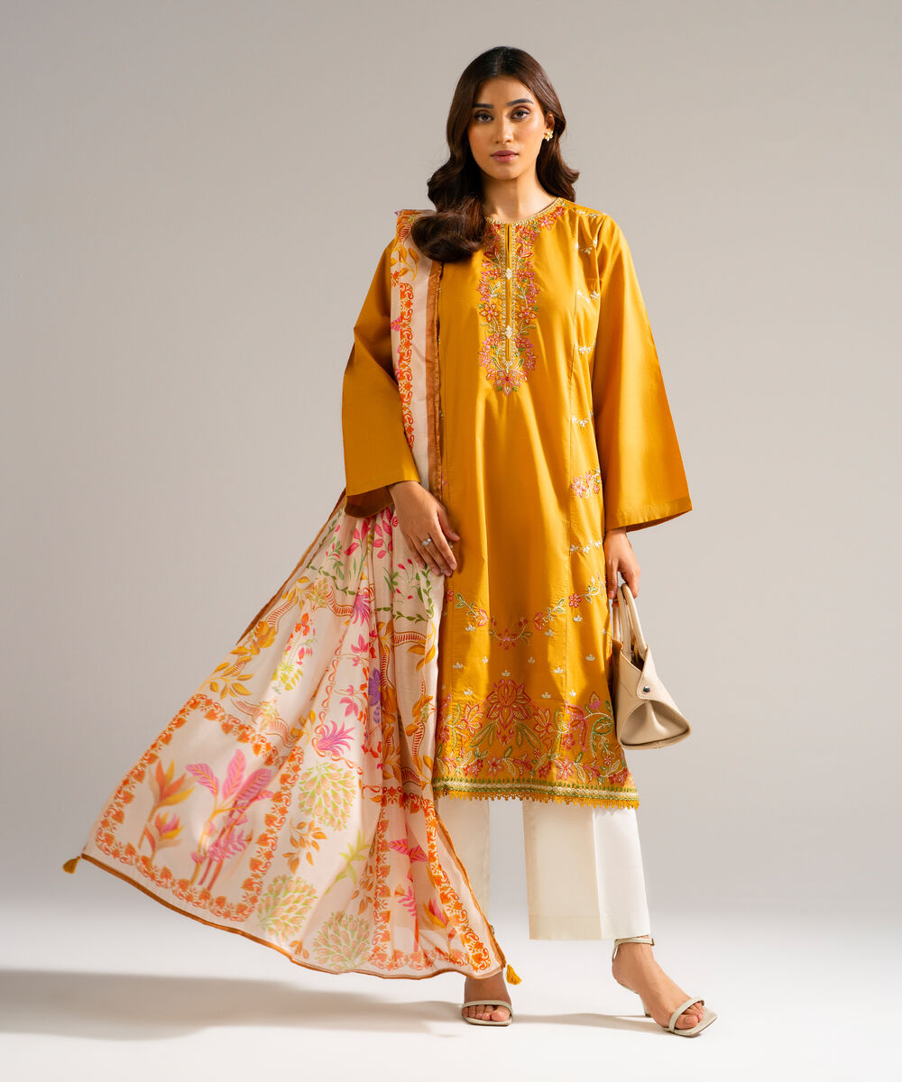 Women's RTW Lawn Embroidered Orange 2 Piece Suit