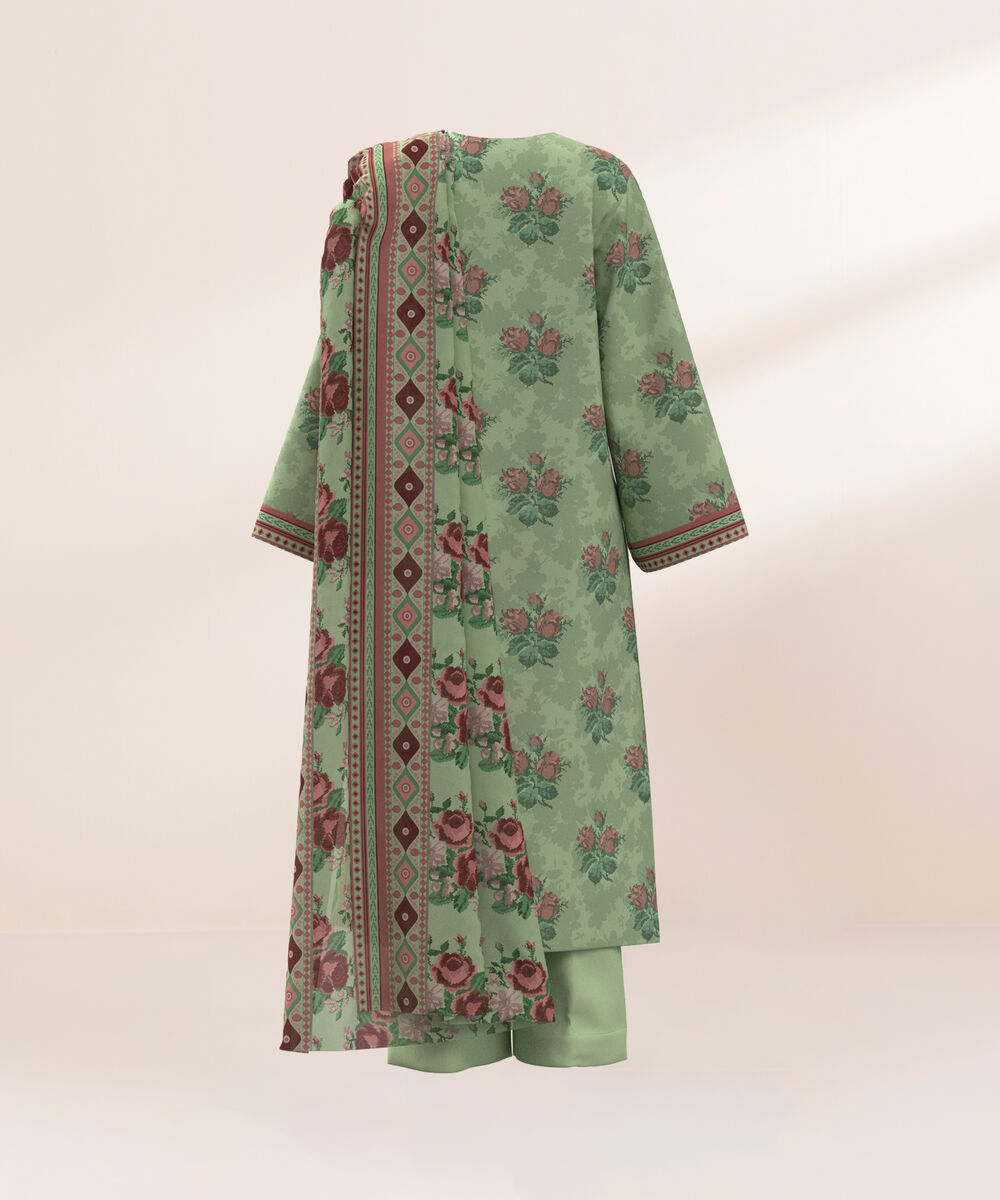 Women's Three Piece Printed Green Lawn Suit