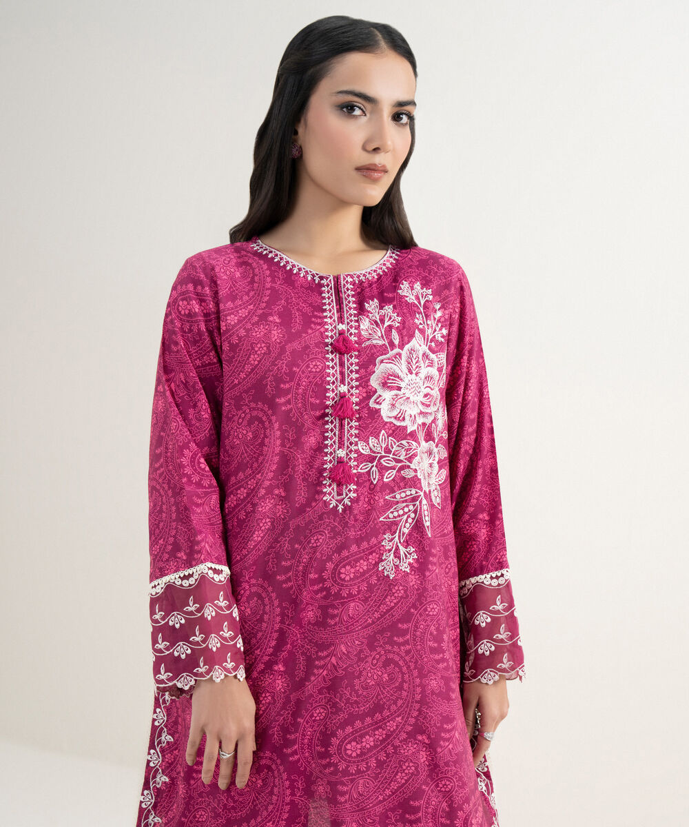 Women's RTW Viscose Raw Silk Embroidered Dark Pink Straight Shirt