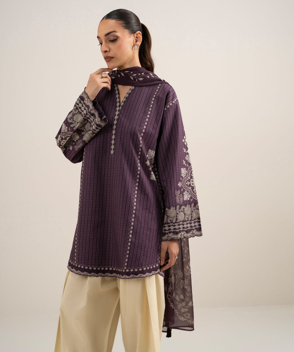 Women's Unstitched Cotton Printed Purple 3 Piece Suit