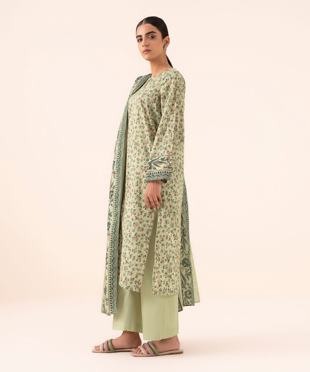 Women's Unstitched Cotton Printed Beige Three Piece Suit