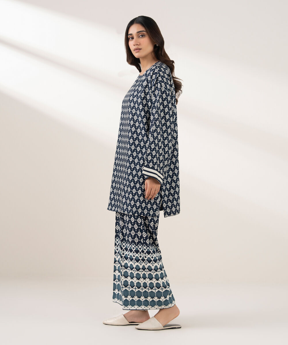 Women's RTW Viscose Linen Printed Straight Blue Shirt