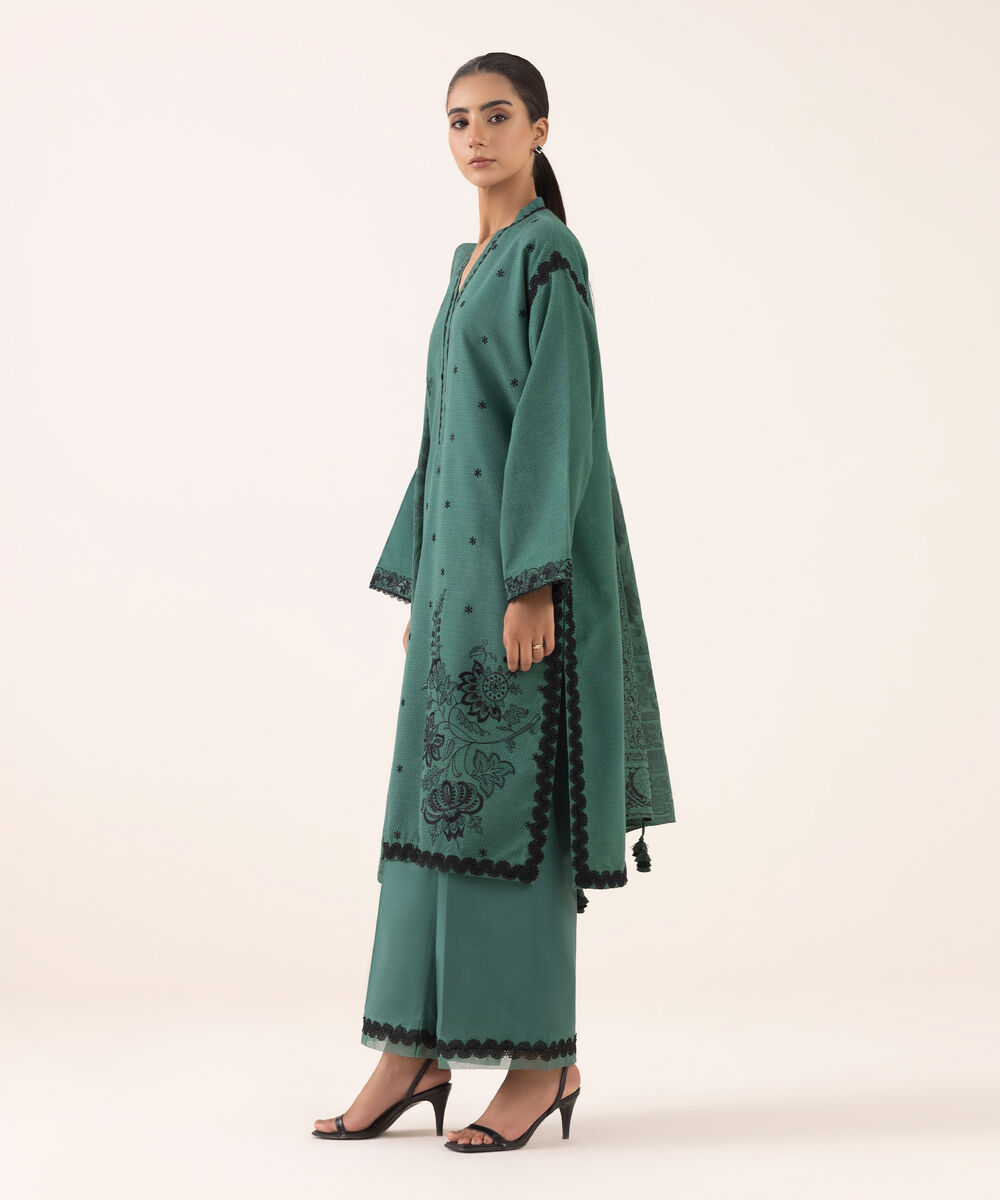 Women's Unstitched Dobby Embroidered Green Three Piece Suit