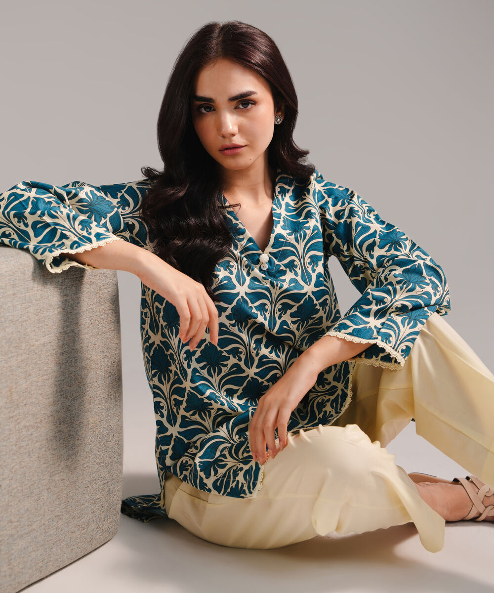 Women's RTW Cambric Printed Cream  2 Piece Suit