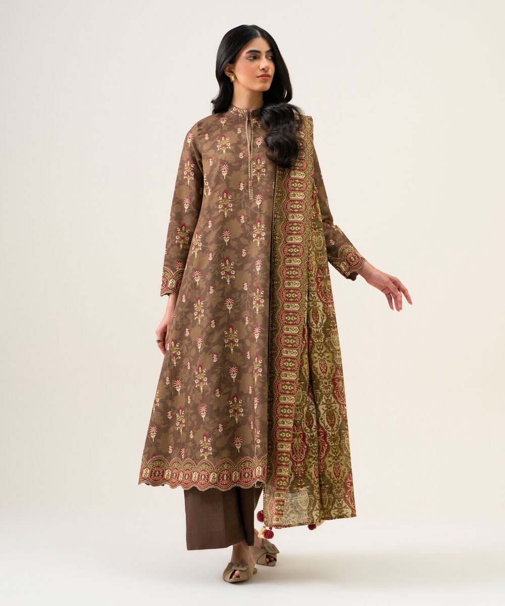 Womens Unstitched Light Khaddar Printed Brown 3 Piece Suit