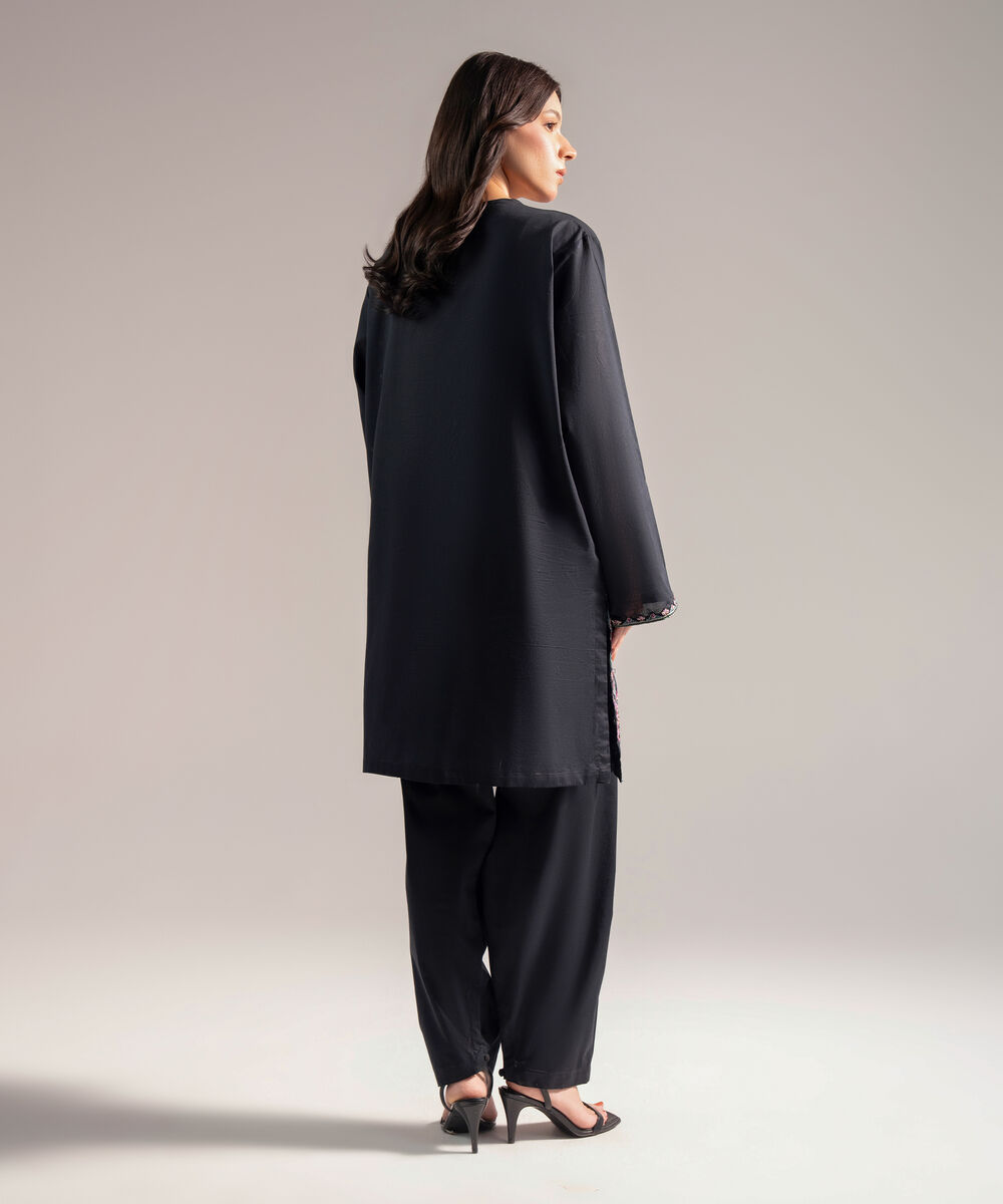 Women's RTW Slub Lawn Embroidered Straight Black Shirt