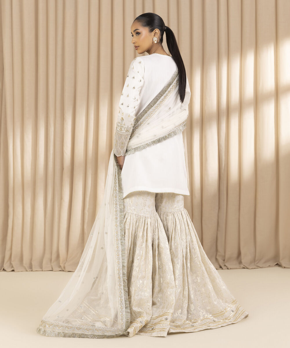 Unstitched Women's Off White Raw Silk 3 Piece Suit