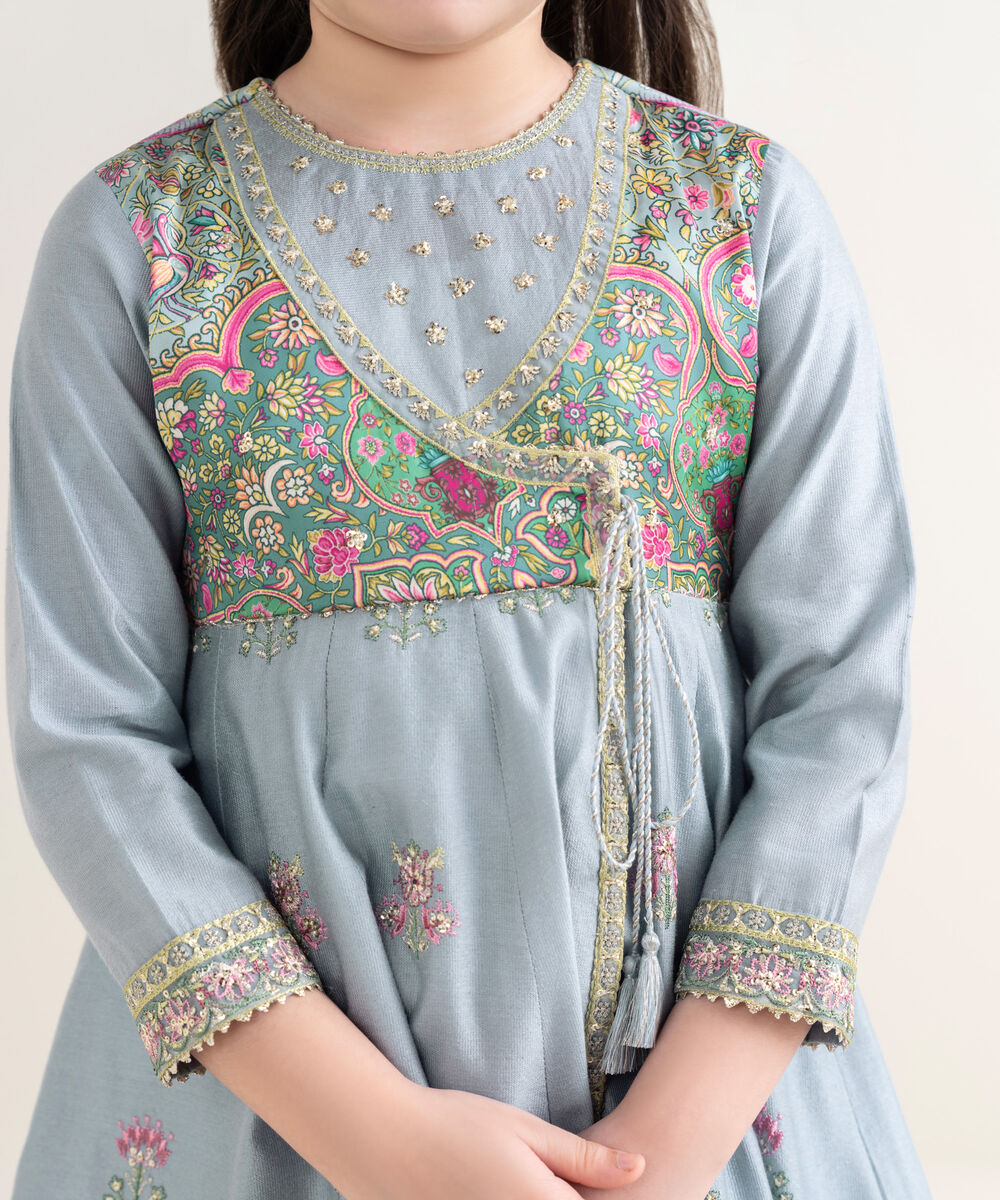 Girl's Silk Cotton Net Blue Embroidered 2 Piece Suit