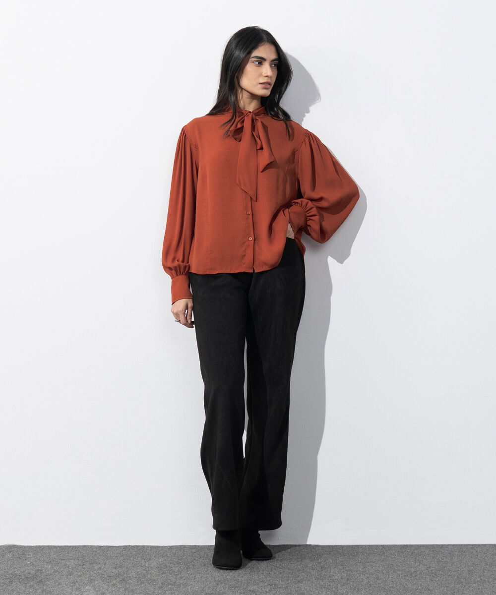 Women's Western Wear Red Blouse With Tie Collar